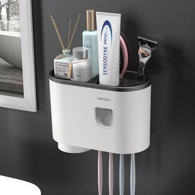 Orvena Wall-Mounted Toothbrush Cup Holder with Mouthwash Cup and Toothpaste Dispenser