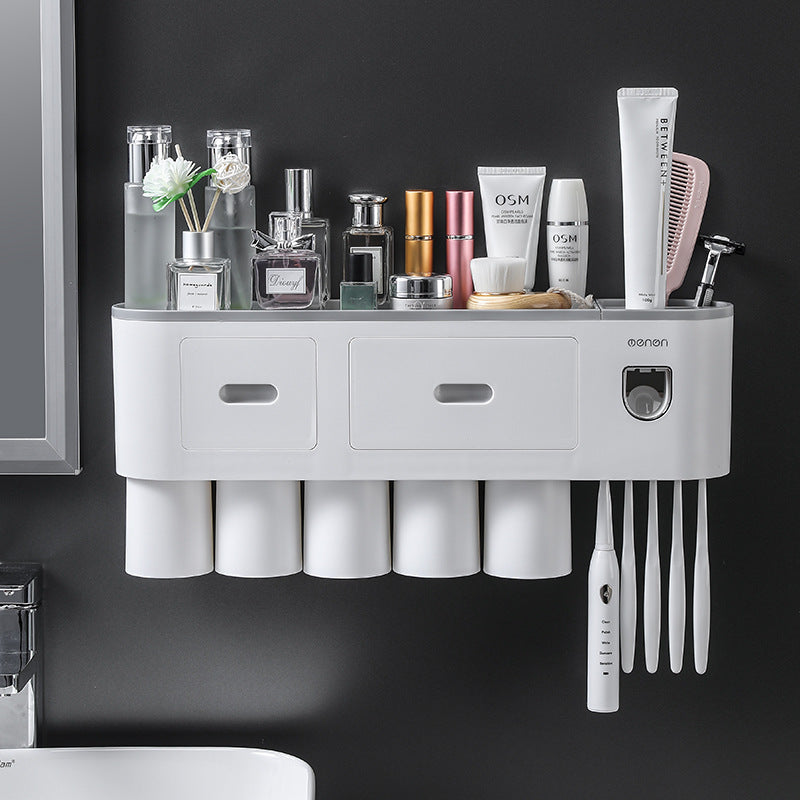 Orvena Wall-Mounted Toothbrush Cup Holder with Mouthwash Cup and Toothpaste Dispenser