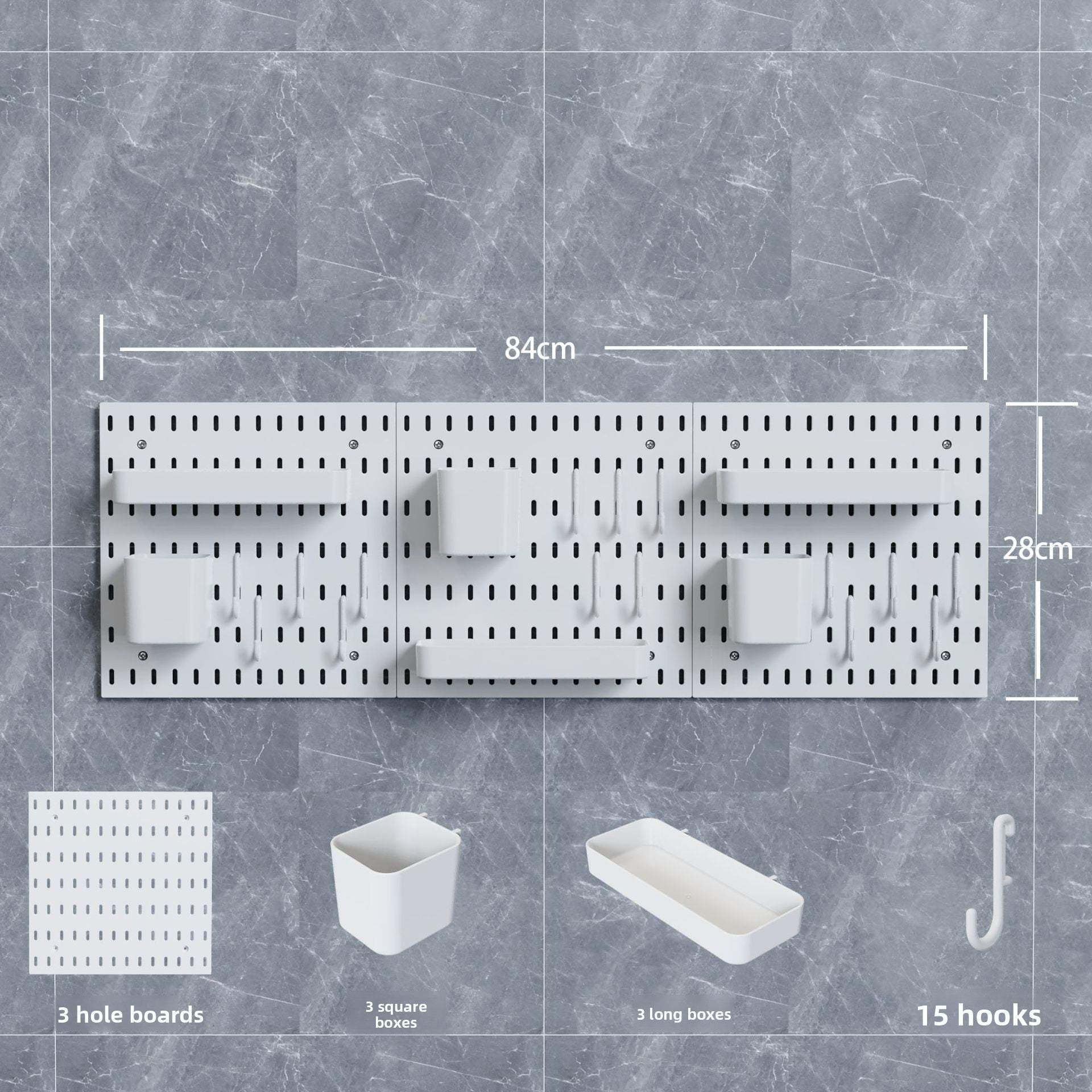 Modular Perforated Wall Storage Organizer with Hooks and Boxes