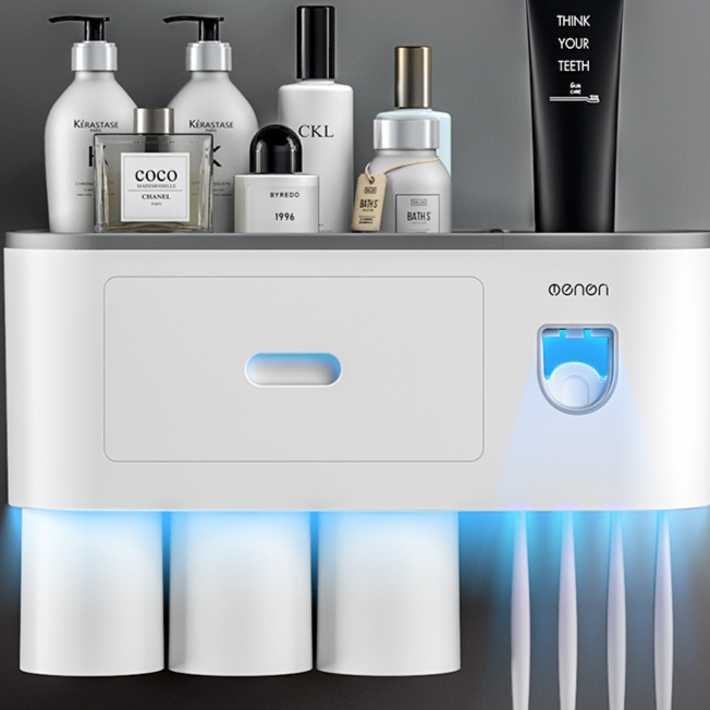 Orvena Wall-Mounted Toothbrush Cup Holder with Mouthwash Cup and Toothpaste Dispenser