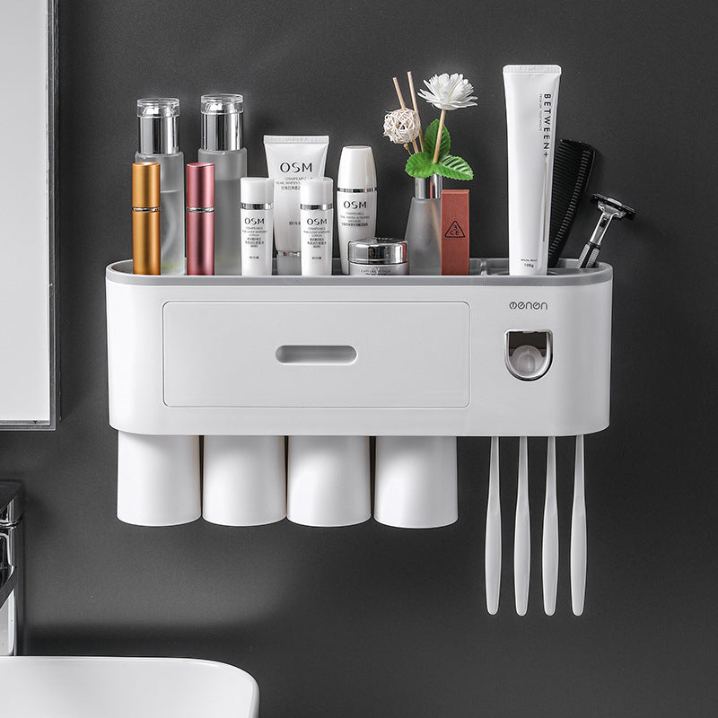 Orvena Wall-Mounted Toothbrush Cup Holder with Mouthwash Cup and Toothpaste Dispenser