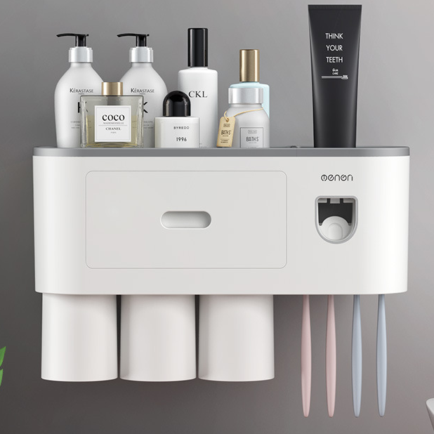 Orvena Wall-Mounted Toothbrush Cup Holder with Mouthwash Cup and Toothpaste Dispenser