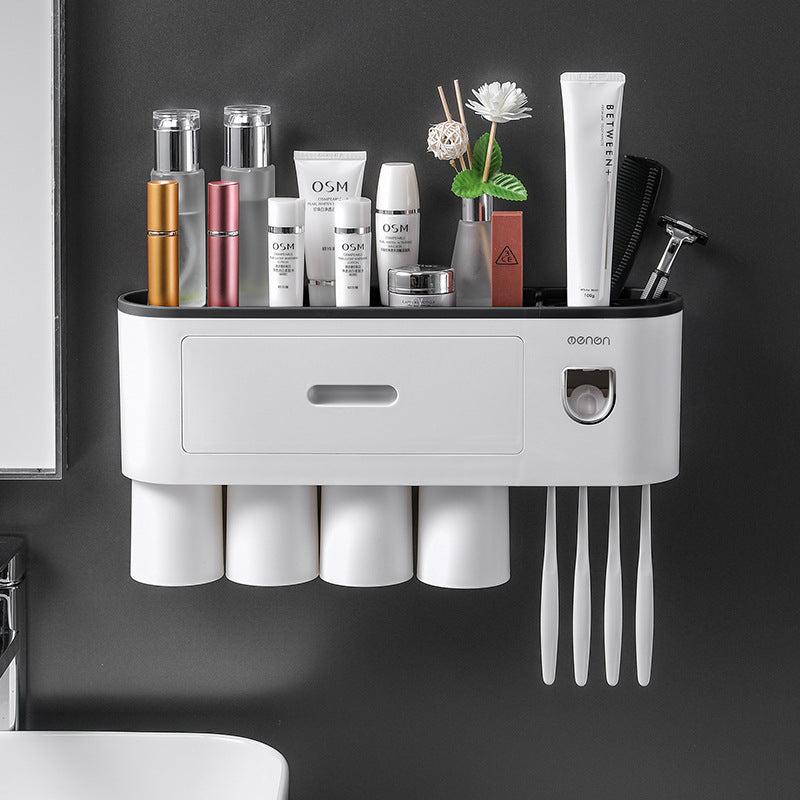 Orvena Wall-Mounted Toothbrush Cup Holder with Mouthwash Cup and Toothpaste Dispenser